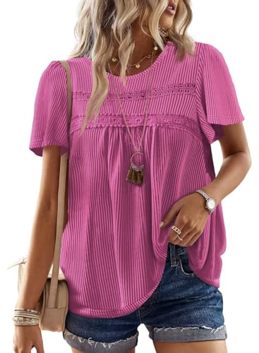Womens Summer Tops Crewneck Short Sleeve Striped Shirts Casual Ribbed Blouses Flowy Hem Boho Clothing 2025