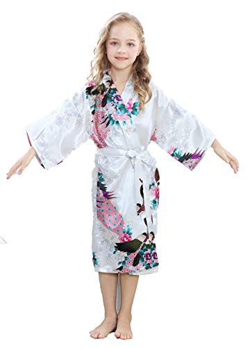 Timsophia Kids Satin Floral Kimono Robe-Flower Girl Bath Robe For Wedding Party Gift(Peacock White,10) #TOP10