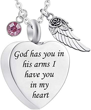 Unisex God has You in his arms with Angel Wing Charm Cremation Ashes Jewelry Keepsake Memorial Urn Necklace with Birthstone Crystal (October)