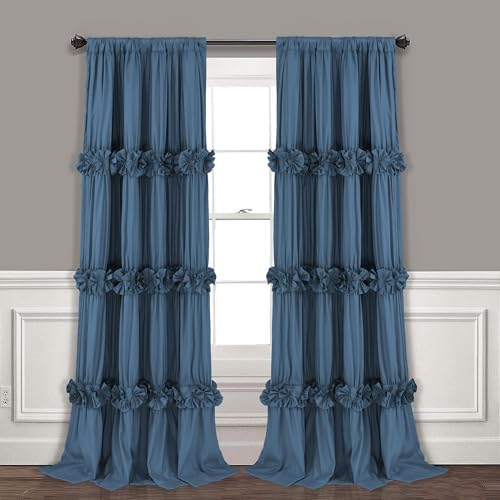 Image of Homechoice Decor Thermal Insulated Blackout Window Curtains, 54 inch W x 84 inch L x 2 Panels, Boho Ruched Window Treatments with 3 Rows of Butterfly Flowers, Rustic Rod Pocket Drapes, Dusty Blue (LQ-30)