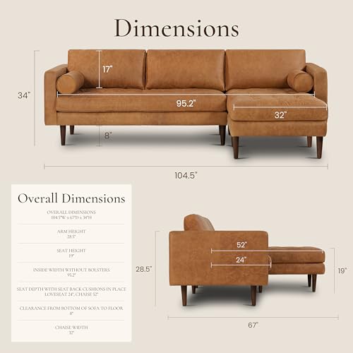 Image of POLY & BARK Napa 104.5 inch Right-Facing Sectional Sofa - Cognac Tan Full-Grain Pure-Aniline Italian Leather, Feather-Down Cushions, Solid Wood Frame