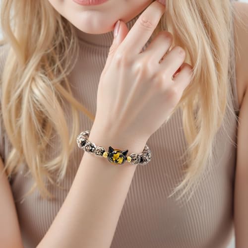 Firefly Glass Beads Bracelet, Cute Money Attract Cat Bracelets, Cats Lover Gifts Spiritual Protection Gifts for Women, Teen, Mom, Daughter, Sister, Best Friends with Gift Cards2