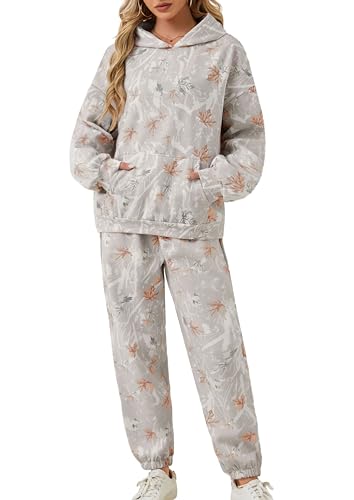 Camo Sweat Sets for Women Maple Leaf Print Camo Hoodie Pants Womens Sweatsuits Camouflage Lounge Sets Outfits