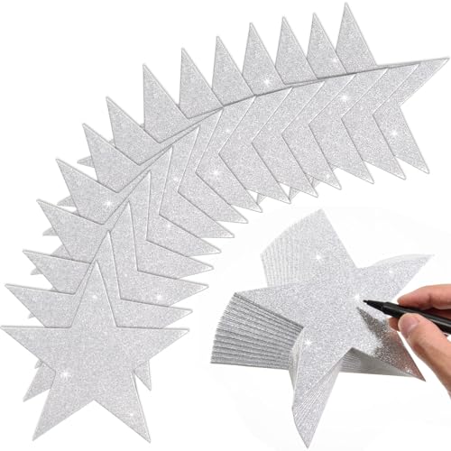 Image of FOBSME 120 Pcs Silver Glitter Star Cutouts Paper Star Cutouts 6 Inch Glitter Star Cut-Outs Silver Large Glitter Star Decoration for Christmas Birthday Classroom Bulletin Board Wall Party Supplies