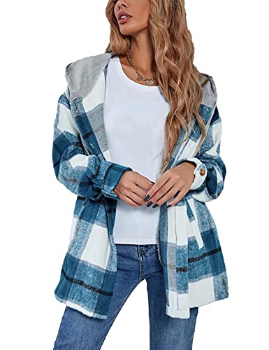 Bozanly Women's Oversized Flannel Plaid Shacket Jacket with Hood Long Sleeve Button Down Shirts Hoodie