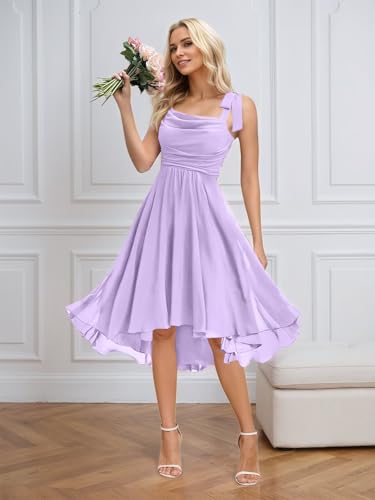 Chiffon Short Bridesmaid Dresses for Wedding Cowl Neck Ruched Formal Dress Evening Party Gown with Bow4