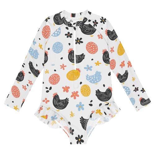 CHIFIGNO One Piece Swimsuits for Girls Long Sleeve Rash Guard Hawaii Swimwear, Chickens Eggs 3T