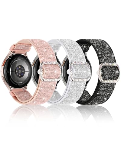 Sparkly Stretchy Nylon Bands Compatible with Samsung Galaxy Watch 7 6 5 4 Fe Band 40mm 44mm/Watch 6 4 Classic 47mm 46mm 43mm 42mm/Active 2,20mm Bling Elastic Glitter Strap for Galaxy Watch 7 Band Women