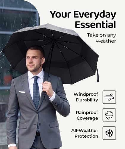 Image of Windproof Travel Umbrella - Compact & Withstands Winds up to 85MPH, Strongest Premium Auto Folding Umbrella for Rain and Sun - Durable, Light & Portable for Women & Men, Fits Backpack & Cars