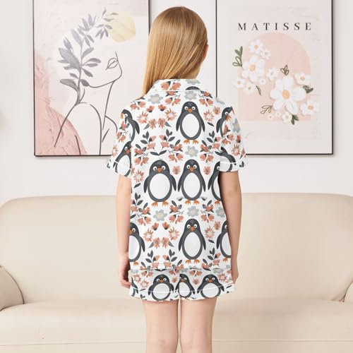 ALAZA Cartoon Penguin Blossom Flower Satin Pajamas Set Short Sleeve Button Down Sleepwear Summer Pjs 2 Piece4