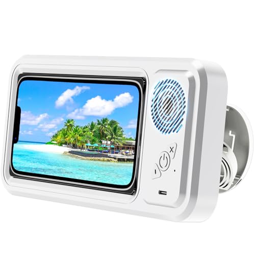 Shower Phone Holder with Wireless Bluetooth Speaker Waterproof 480 Rotation Viewable Shower Phone Stand Case Mount Speakers for Bathroom Wall Mirro for 4- 6.8 Cell Phones Gift for Mom(White)