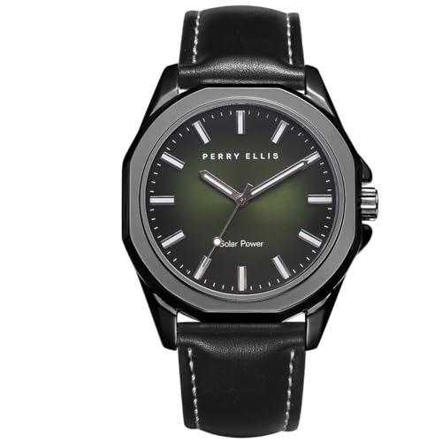 Perry Ellis Relógio masculino movido a energia solar | Relógios de pulso analógicos de couro vegano resistente à água | Caixa de 42 mm | Relojes para Hombres | Presente elegante para homens, Verde,