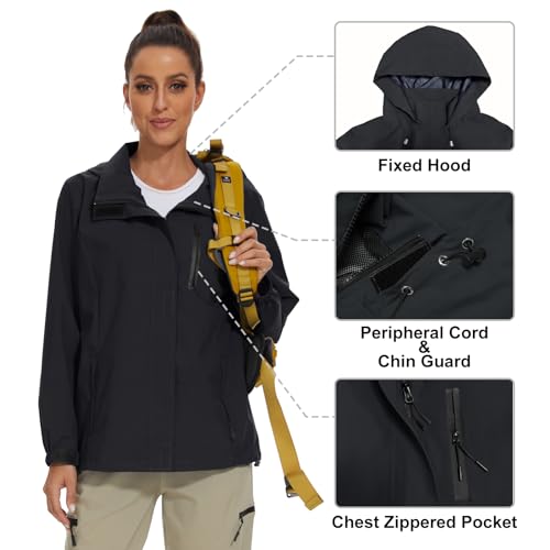 BATHRINS Regenjacke Damen Wasserdicht Atmungsaktiv Wanderjacke Windbreaker Damen Leicht Outdoor Jacke Mesh Gefüttert Fahrrad Jacke mit Kapuze（Schwarz,M）