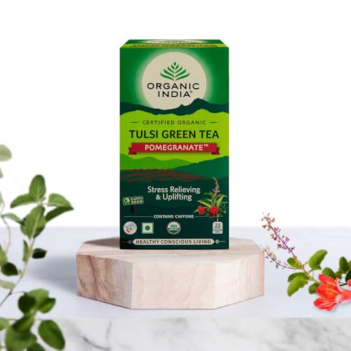 Image of A TATA Product - Organic India Tulsi Green Tea Pomegranate - 25 Tea Bags, Certified Organic, Stress Relief, Rich in Antioxidant, Tulsi & Pomegranate Infusion (Pack of 3)