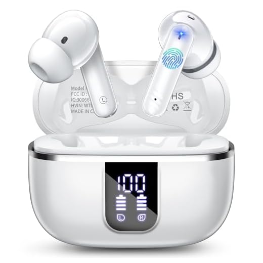 Wireless Earbuds, Bluetooth 5.4 Headphones with 4 Noise Cancelling Mic, 46H In-Ear Buds with 3D Bass Stereo Sound, Small Ears, LED Display, Calls Sports Workout, IPX7 Earphones for Android iOS, White