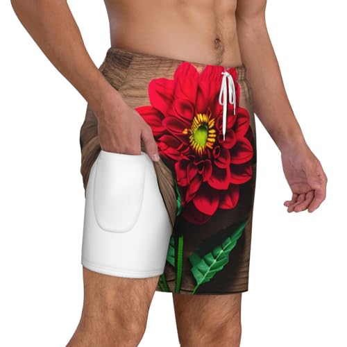 Wooden Board Retro Flower Red Dahlia Print Men's Double Layer Swim Trunks,Athletic Beach Shorts,Adjustable Drawstring Waist3