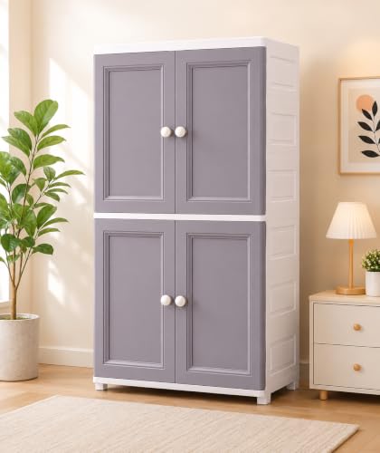Image of YASONIC Plastic Wardrobe for Kids Clothes - Durable, Easy to Use Anti-Skid & Non-Slip Effective Professional Collapsible Wardrobe, Plastic Cupboard for Kids, Foldable Almirah (Grey, 4-Tier)