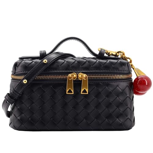Image of Woven Crossbody Bags for Women Trendy Clutch Purse Bag Small Top Handle Leather Handbag with Cherry Charm (Black)
