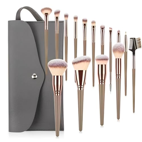 LuLiyLdJ Pinceaux Maquillages, Lot de 15 Set Pinceaux Maquillage Professionnel avec Trousse en Cuir PU, Kit Pinceau Maquillage Champagne Makeup Brushes pour Fond de Teint Mélange de Poudre