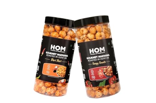 Image of H O M House Of Makhana 130g Tangy Tomato And Peri Peri Gourmet Makhana Jar Roasted in Olive Oil, Flavored Makhana Pack of 2 (65gX2)