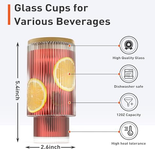 Image of KHOLAD Ribbed Drinking Glasses with Bamboo Lids and Straws, Ribbed Glass Cups, Stackable Glasses, Vintage Water Glasses for Juice, Beer, Coffee, Tea and Cocktail Pack of 1 (Lining)
