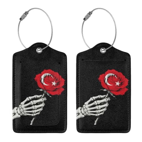 1 Pcs Luggage Tags for Suitcases Travel Bag Turkey Turkish Flag Rose Leather Luggage Tags Address Card Privacy Cover Id Label with Stainless Steel Loop for Women Men