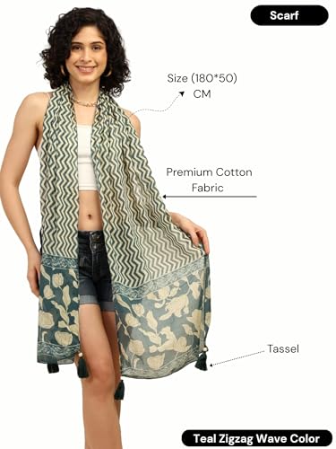 Image of KE KANHA EXPORTS Scarf for Women Premium Cotton Boho | Dual Tone Border Print Stole with Tassels | Lightweight Summer Beach Wrap 180 x 50 cm FREE Scrunchie Included