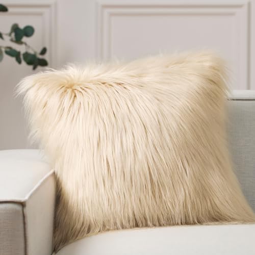 Image of Phantoscope Faux Fur Pillow Cover Decorative Fluffy Throw Pillow Mongolian Luxury Fuzzy Pillow Case Cushion Cover for Bedroom and Couch, Light Beige 18 x 18 Inches