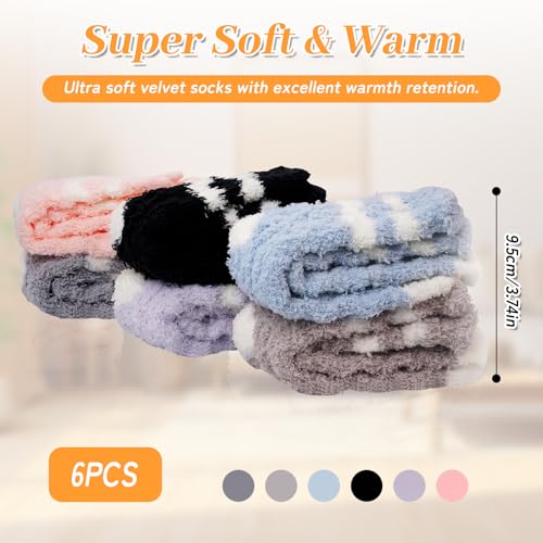 Women Fuzzy Warm Slipper Socks - 6 Pairs Super Soft Microfiber Cozy Sleeping Sock with Ruffled Cuff, Fluffy Comfortable Socks for Lounge Bedroom Winter2