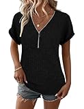 Koscacy Short Sleeve Office Blouses Clothes Work Tops Shirts for Women Ladies Zip Top Solid Loose Casual Blouses Tee Black L