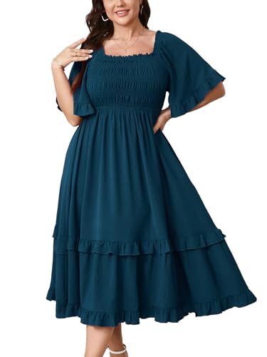 SCOMCHIC Women's Plus Size Maxi Dresses Summer Short Sleeve Square Neck Smocked Wedding Guest Cocktail Boho Long Dress