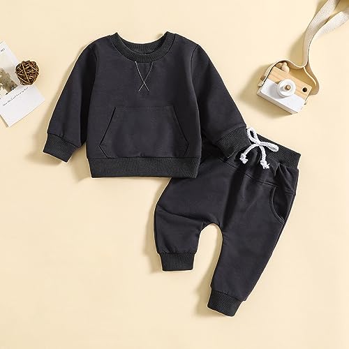 Toddler Baby Boy Clothes Set Solid Color Long Sleeve Crewneck Sweatshirt Top Casual Pants Set Fall Winter Outfits3