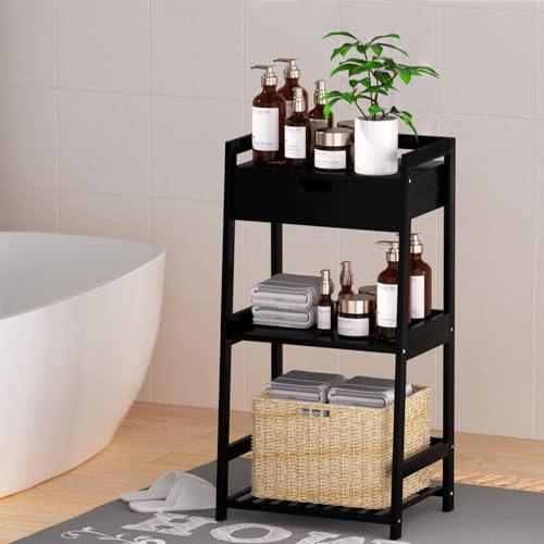 POXAKA 3 Tier Bamboo Bathroom Shelves with Drawer, Ladder Shelf for Bathroom Storage, Space-Saving Design, Stylish Display Nightstand, Stylish Storage Solution for Home, Living Room, Kitchen, Office - image 8