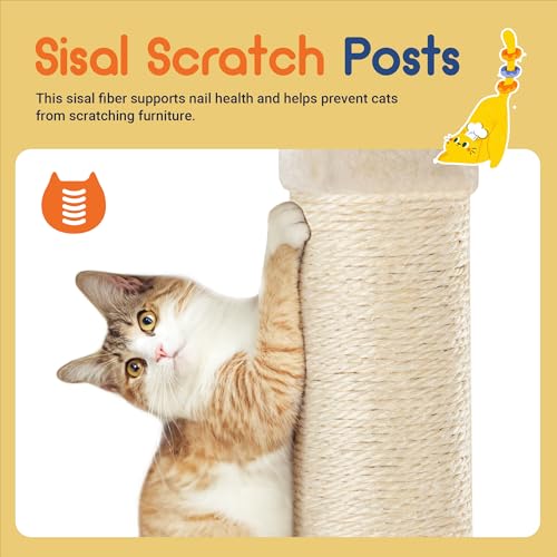 Image of Allewie 65in Multi-Level Tall Cat Tree for Indoor Kitties /Larger Tower with Wide Base /Cozy Plush ‌Pussycat Perches /Cat Condo with Hammock /Sisal Scratching Posts /Beige