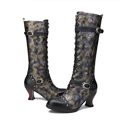 CrazycatZ Womens Leather Knee Long Block Heels Boots, Vintage Bohemian Long Boots4