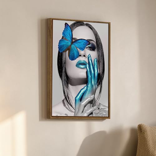 Image of Woman Portrait Pop Framed Canvas Painting For Living Room | Modern Butterfly Abstract Wall Art For Livingroom Wall Decor, Home Decor, Bedroom, Hallway's, Office, Hotel - 43x58 cm