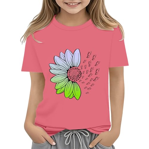 Girls Loose Fit Sunflower Graphic T Shirts Short Sleeve Crewneck Cute Pattern Printed Tops Kids (D-Pink, 8-9 Years)
