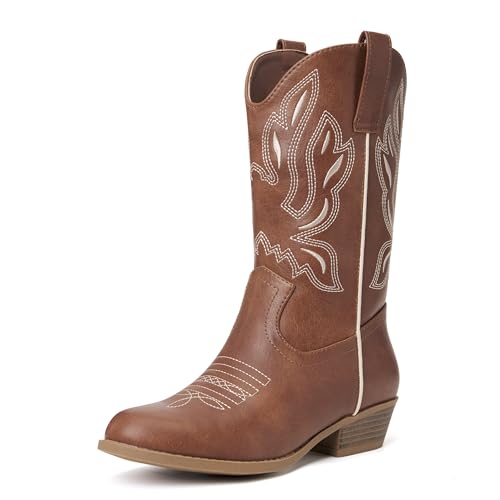 vodvob Kids Western Cowboy Boots for Girls & Boys, Round Toe Mid-Calf Cowgirl Boot with Embroidered & Side Zipper (Little Kid/Big Kid)