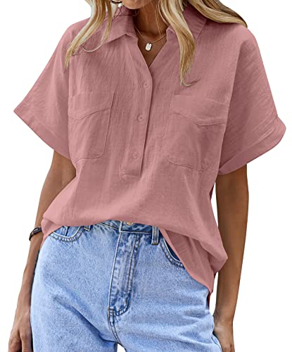Chigant Linen Shirts For Women Cotton Short Sleeve Blouse Casual Dressy Button Down Tunic Tops With Pockets #TOP9