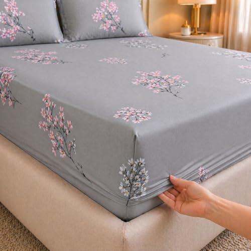 Image of Castiqa Elastic Fitted Supersoft Premium Polycotton 200TC King Size Bedsheets with 2 Pillow Covers (Fits Upto Mattress of 8Inches) (Light Gray, Full 72x78x8Inch)