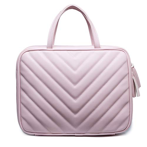 Chevron Leather Toiletry Travel Bag for Women – Large Cosmetic Size – Gold Hardware and Satin Interior – Dusty Pink
