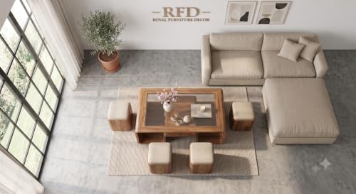 Image of Royal Furniture Decor Solid Wood Coffee Table with 4 Stools, 122x61 cm | Glass Top Surface, Built-in Lower Shelf, Upholstered Stools, Rounded Arch Design, Living Room Use