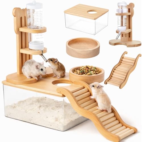 Sonwyoung 4 Pcs Hamster Cage Accessories Acrylic Sand Bath Box Feeding Bowl Water Bottle Set Hamster Climbing Toy Wooden Ladder Bridge Set for Rat Mice Small Animals Habitat(Rectangle)
