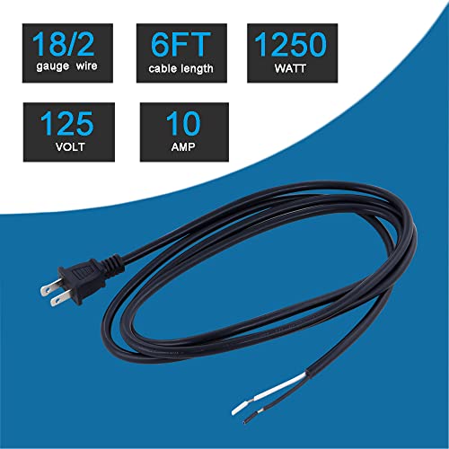 18/2 Power Cord Round Cable 2 Prong Polarized Plug 18 Gauge 120V Power Supply Cord Sjt 18Awg 6 Foot Pigtail 2 Wire Stripped Off 10A 1250W Black Cord Open End #TOP1