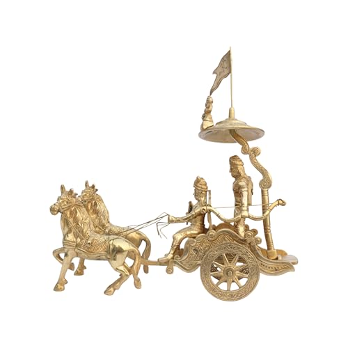 Image of Arjuna Rath Geeta Mahabharat Chariot with Krishna Ji & Hanuman Ji Brass Statue |18CM Approx | Vastu Remedy |Vastu Pital Showpiece |Decorative Arjuna Rath with Two Horses