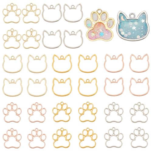 OLYCRAFT 32pcs 2 Styles Dog Paw Open Bezel Pendants Alloy Open Bezels for Resin Cat Head Open Back Bezel Footprint Hollow Frame with Loop for DIY UV Resin Jewelry Making