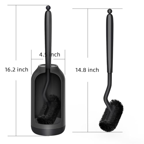 Image of HAMITOR Toilet Bowl Brush Holder Set: Bathroom Deep Cleaning Toilet Cleaner Scrubber Under Rim with Curved Bristle for Dead Corner Clean - Hidden Rv Toilet Decorative Accessories with Caddy- Black