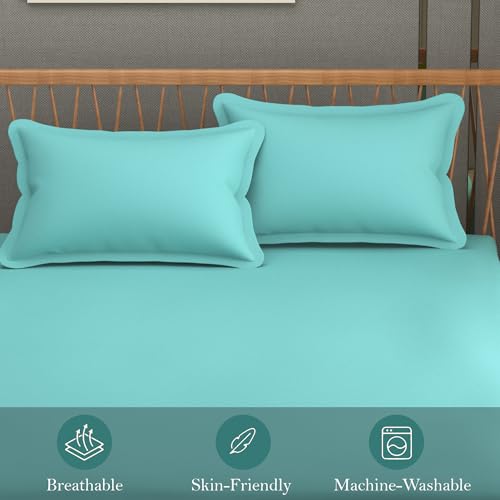 Image of FRESH FROM LOOM Microfiber Solid Plain Queen Size Bedsheet Set - Anti Fade, 240 TC bedsheets with 2 Pillow Covers Included (Size- 90 x 95 inch|Aqua| Solid)