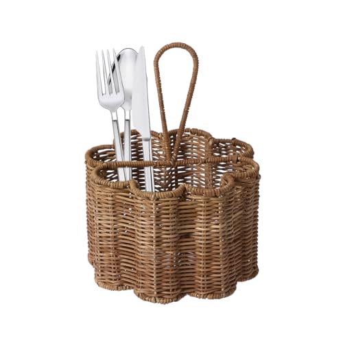 Wicker Cutlery Holder Scalloped Finish Mid-Wash Utensil Holder Cutlery Basket with Carrying Handle Dining Table Kitchen Worktop Utensil Pot Cutlery Organiser Condiment Holder