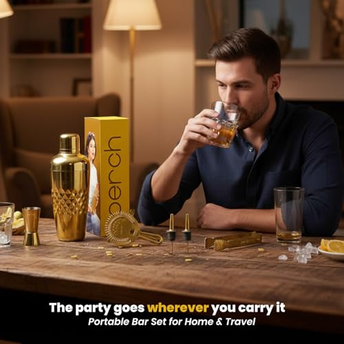 Image of O' Holic by Perch Craft 8-Piece Stainless Steel Bartender Kit|Premium Cocktail Shaker Set with Jigger 30 /60ml, Spoon,Pourer,Ice Tong, & Bar Tools|Professional Bar Set for Home &Tour Parties|Golden